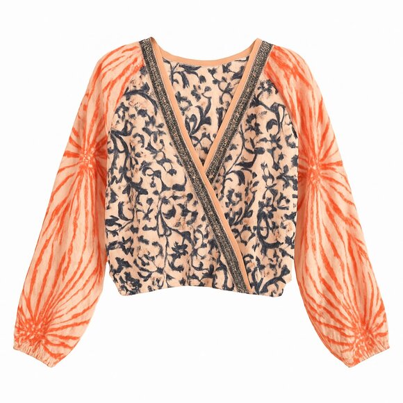 Free People Cruisin Together Orange Sheer Sleeve Wrap Blouse Size M Revolve - Picture 1 of 11
